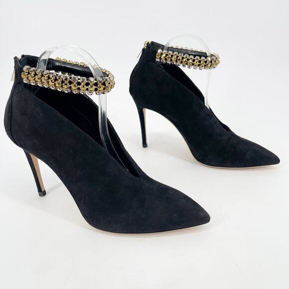 NWB Jimmy Choo Lux 100 Black Suede Gold Crystal Ankle Strap Vamp Bootie IT 41 - Picture 2 of 14